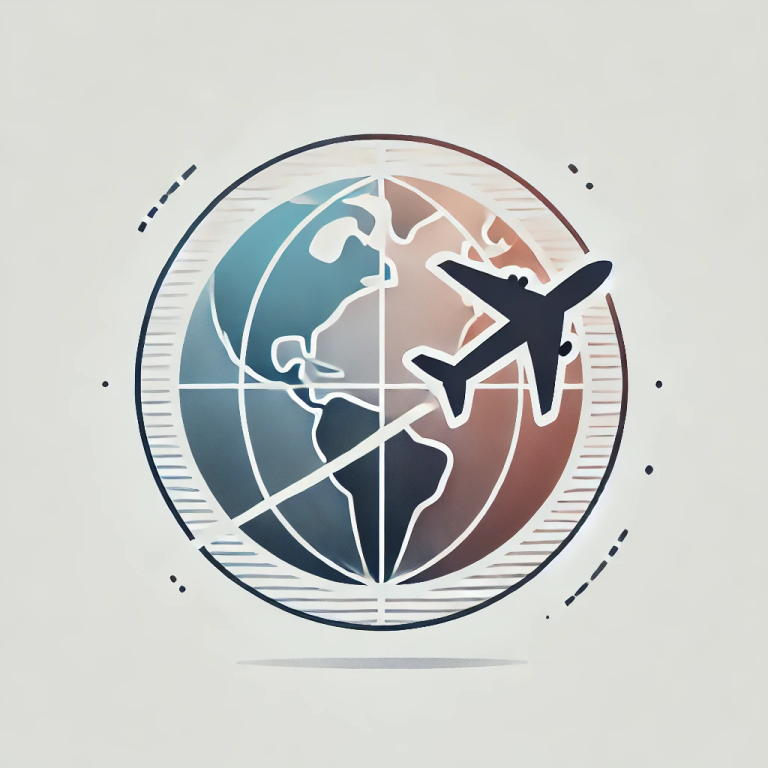 Internationale Begleitung. Diskret und Professionell, Derlo CP Ein Flugzeug über einer stilisierten Weltkarte mit Koordinaten.