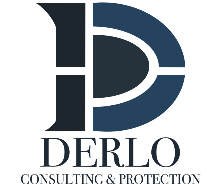 DERLO Consulting & Protection – Personenschutz, Sicherheitsberatung und internationale Schutzkonzepte Ein Logo mit einem großen D in den Farben Blau und schwarz. Unter dem Logo steht Derlo Consulting & Protection.